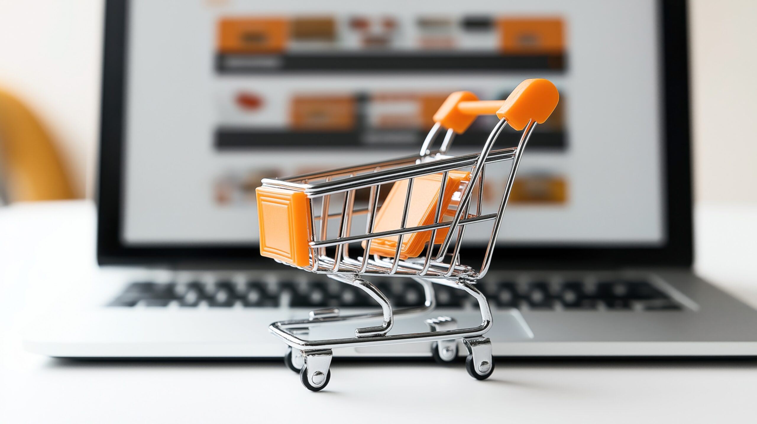 Miniatur-Einkaufswagen vor Laptop mit Online-Shop zeigt, wie Software Musikfachhandel E-Commerce-Prozesse unterstützt und automatisiert