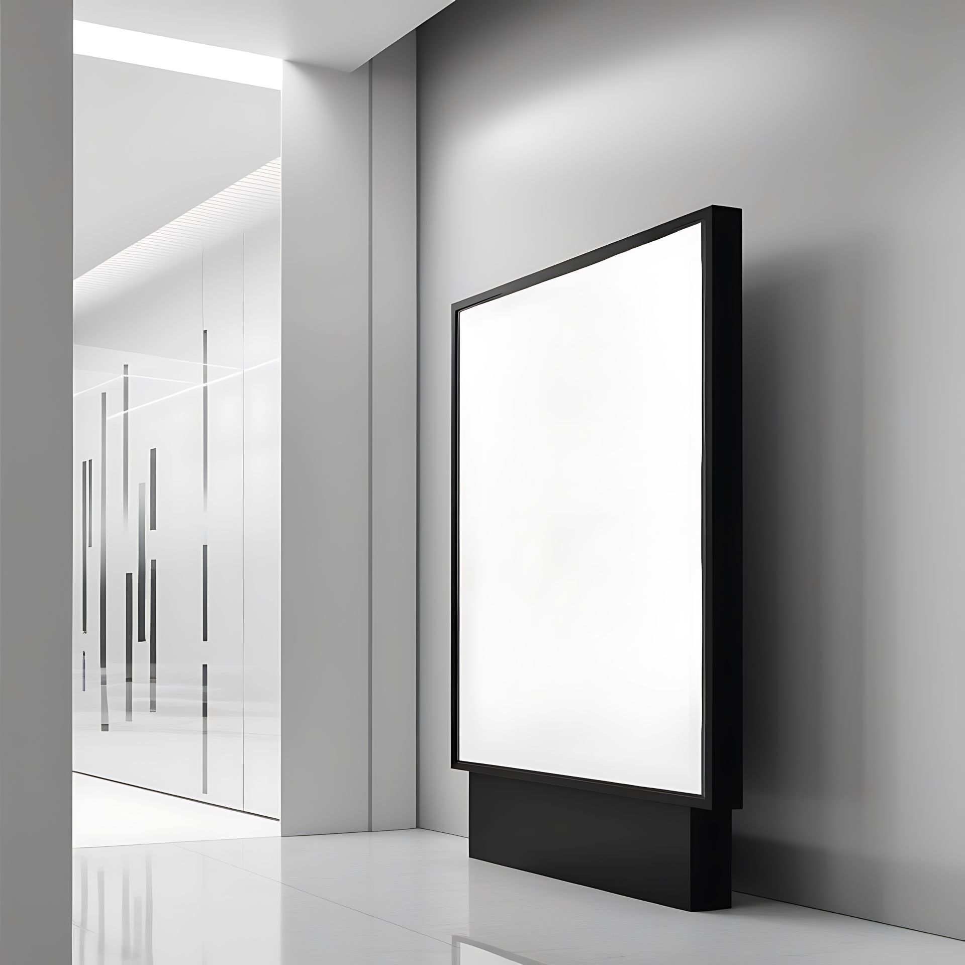 moderner schaukasten innenbereich buro minimalistisch design grau weiss