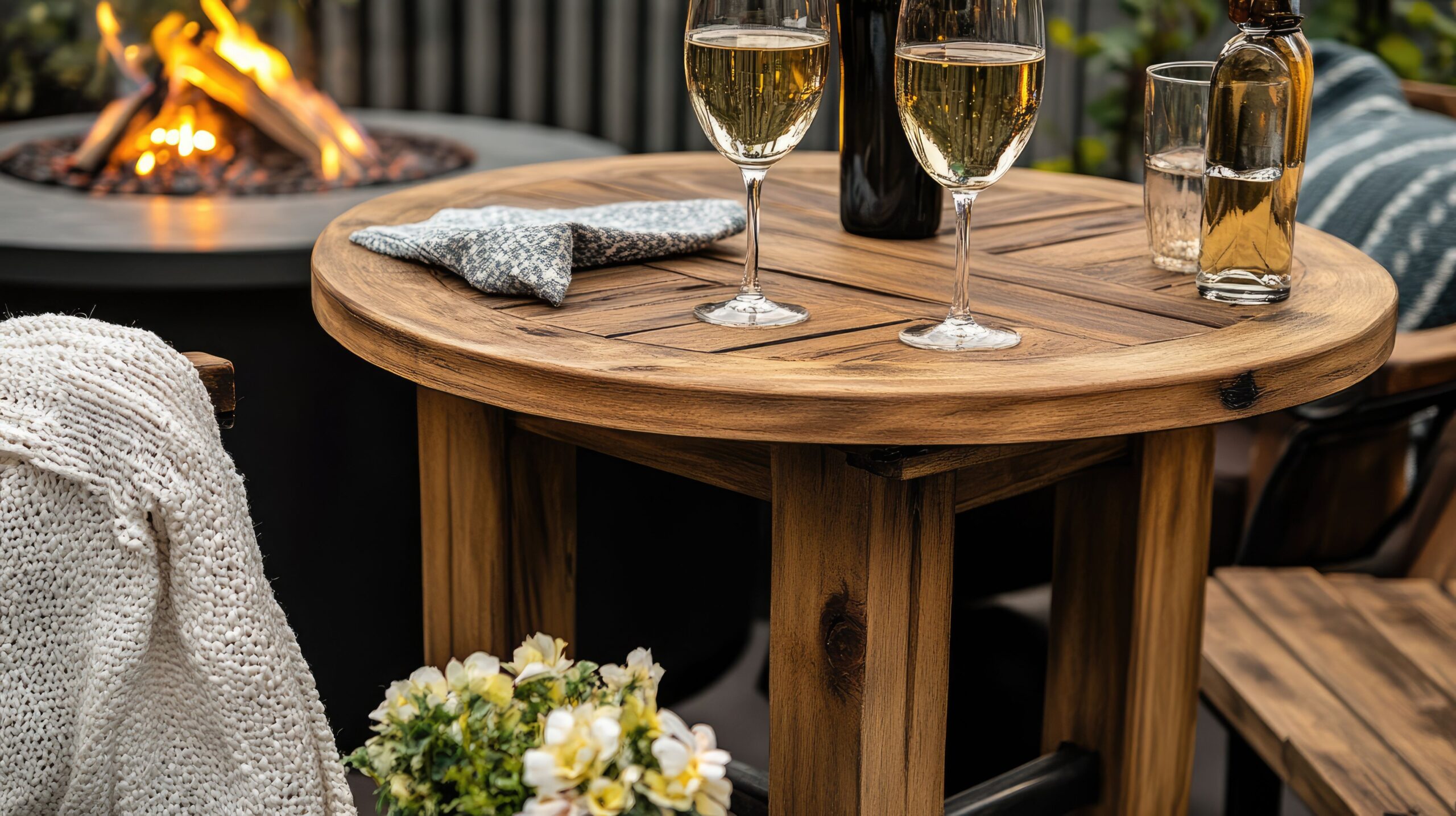Gedeckter Holztisch mit Weingläsern vor Feuerstelle im Garten