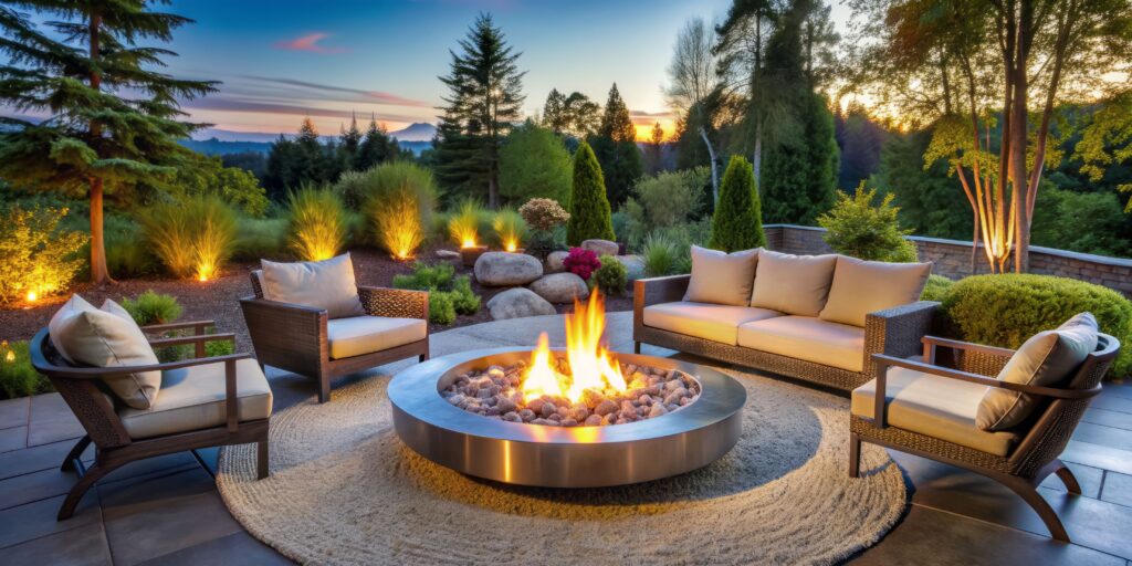 Moderne Feuerstelle mit Brennholz und Sitzgruppe im Garten bei Sonnenuntergang