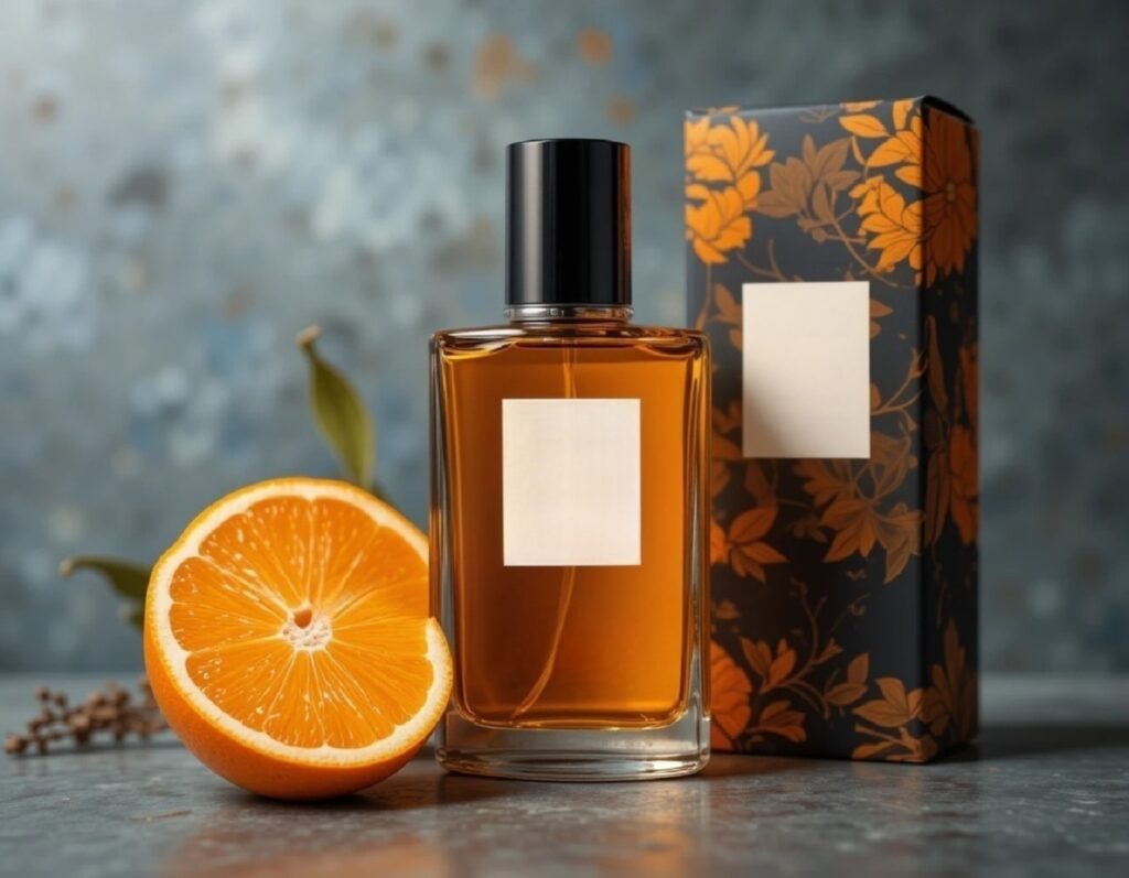 Etiketten drucken lassen: Edler Parfumflakon mit leeren Etikettenfeld auf Designverpackung