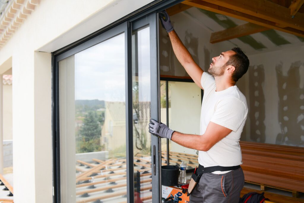 Handwerker beim Einbau einer modernen Schiebetür in einem Wohnhaus in Wuppertal