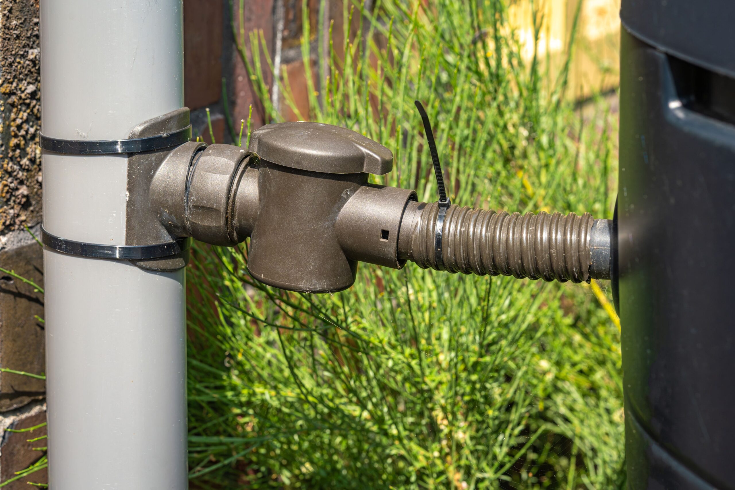 Anschluss eines Fallrohrfilters für Erdtank Regenwasser mit flexibler Leitung zur Zisterne im Garten
