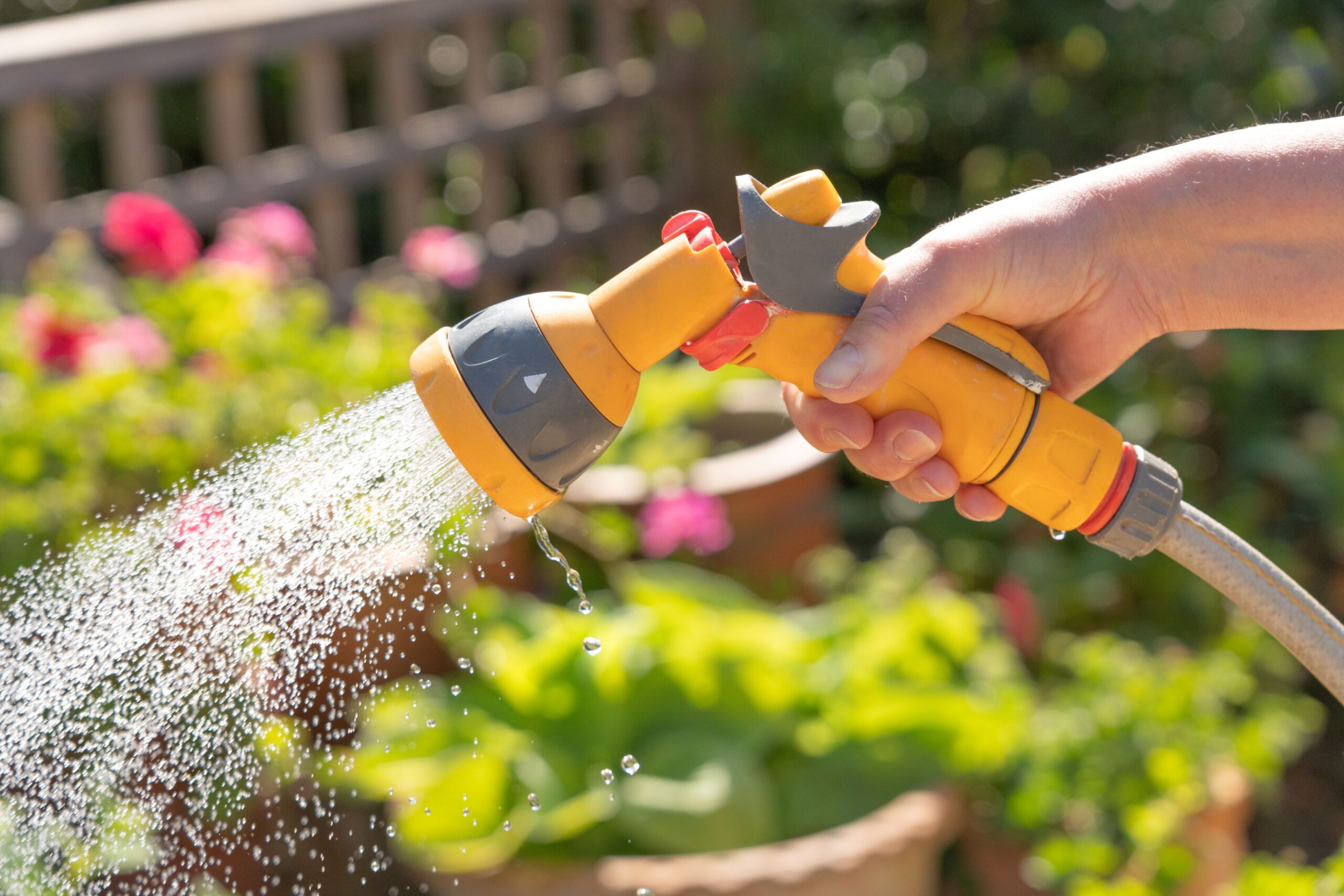 Person bewässert Pflanzen mit Handschlauch – Nutzung von Regenwasser aus Erdtank im Garten