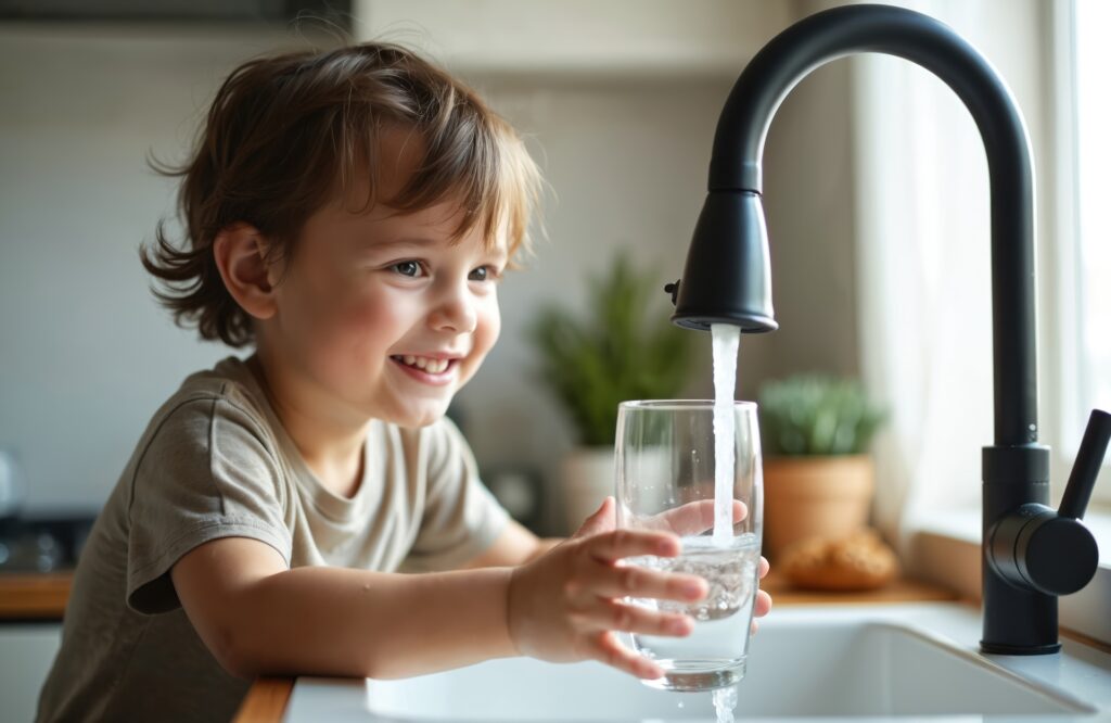 Kind zapft frisches Wasser aus dem Hahn | Wasserfilteranlage Küche