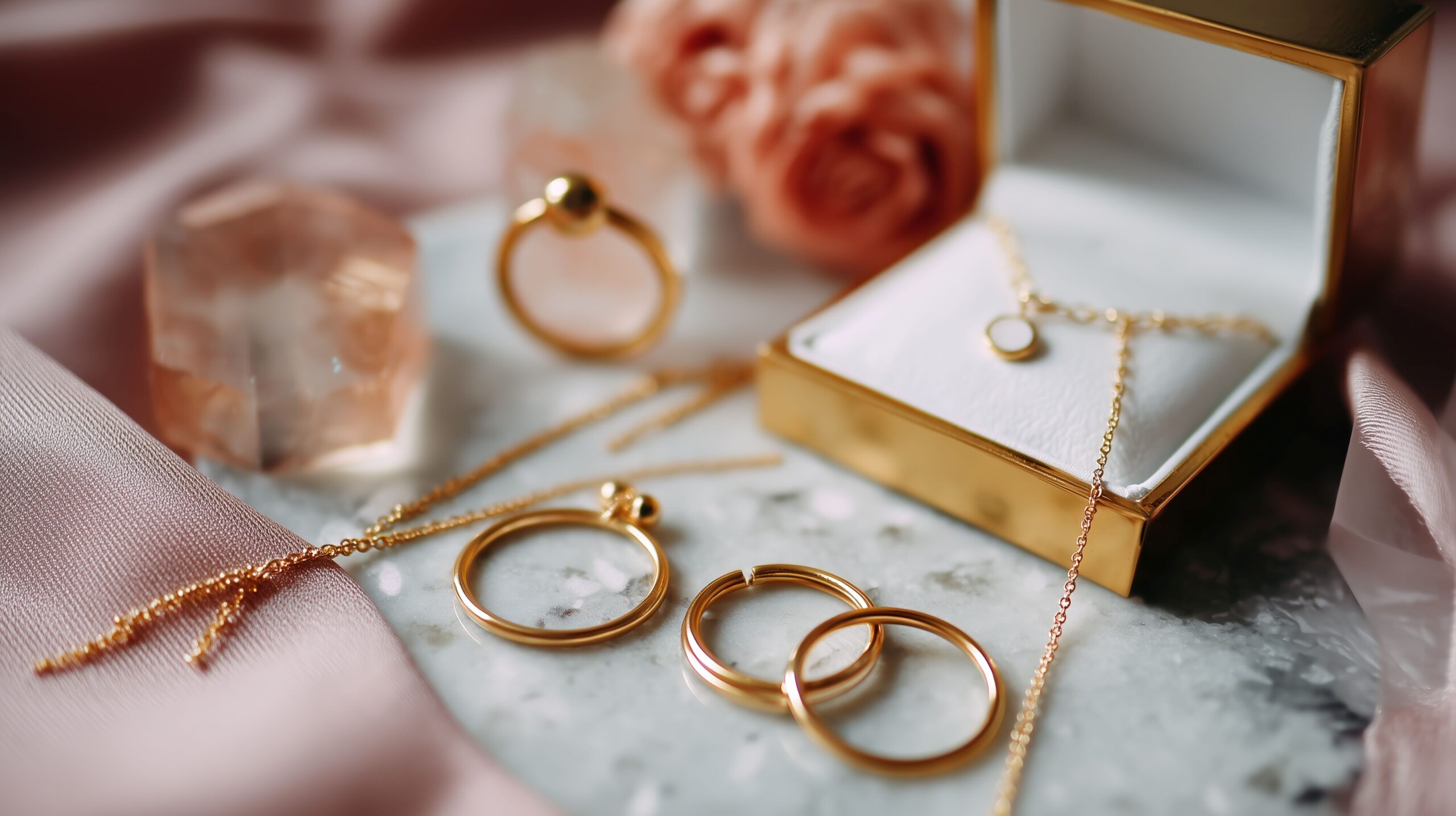 Elegante Goldschmuckkollektion auf einer Marmoroberfläche mit weichem Stoff und floralen Akzenten präsentiert
