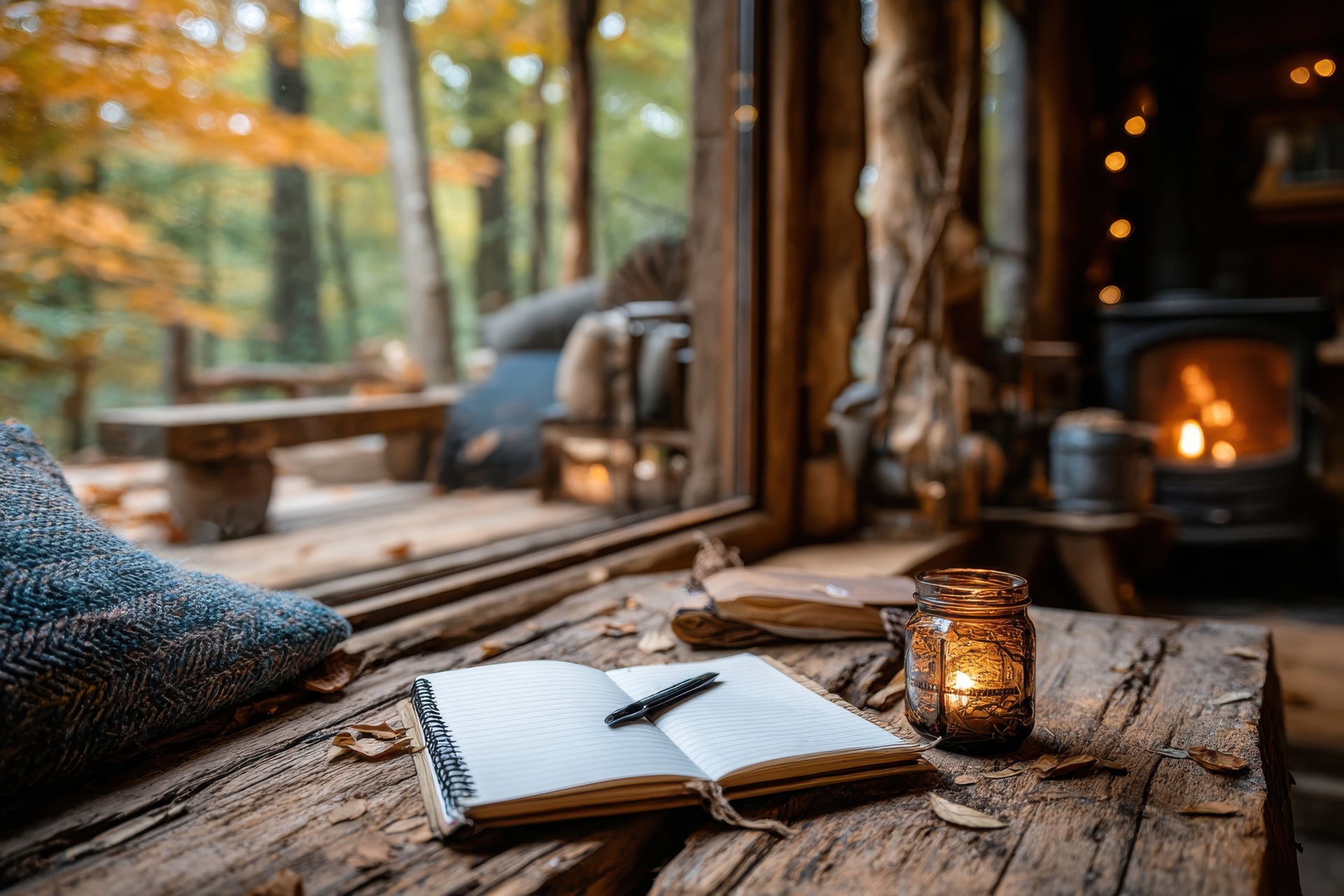 Rustikaler Raum mit Notizbuch und Kerzenlicht am Fenster | Natursteinwand